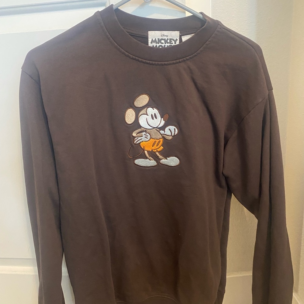 Womens Disney Brown Crewneck Sweater with Mickey Mouse
